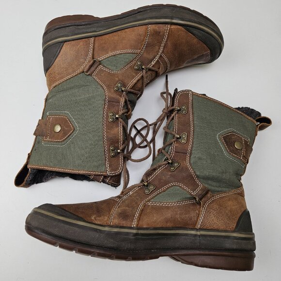 Clarks Muckers Squall Winter Boots Women 10 Lace Up Brown Leather‎ Olive Canvas - Picture 3 of 11